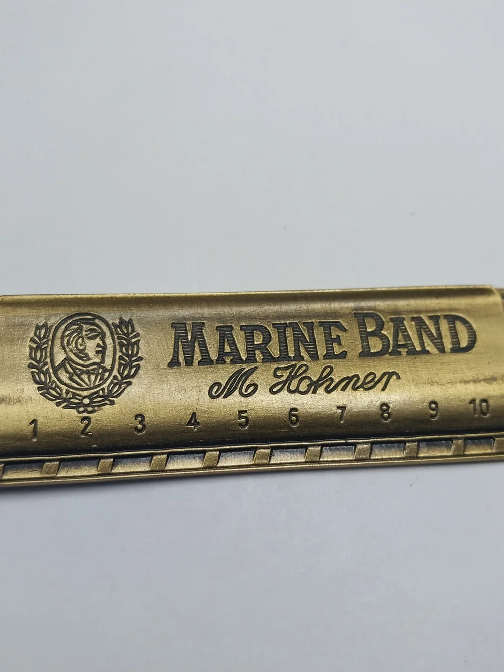 Vintage 1986 Brass M. Hohner Marine Band Harmonica Collectible Keychain USA